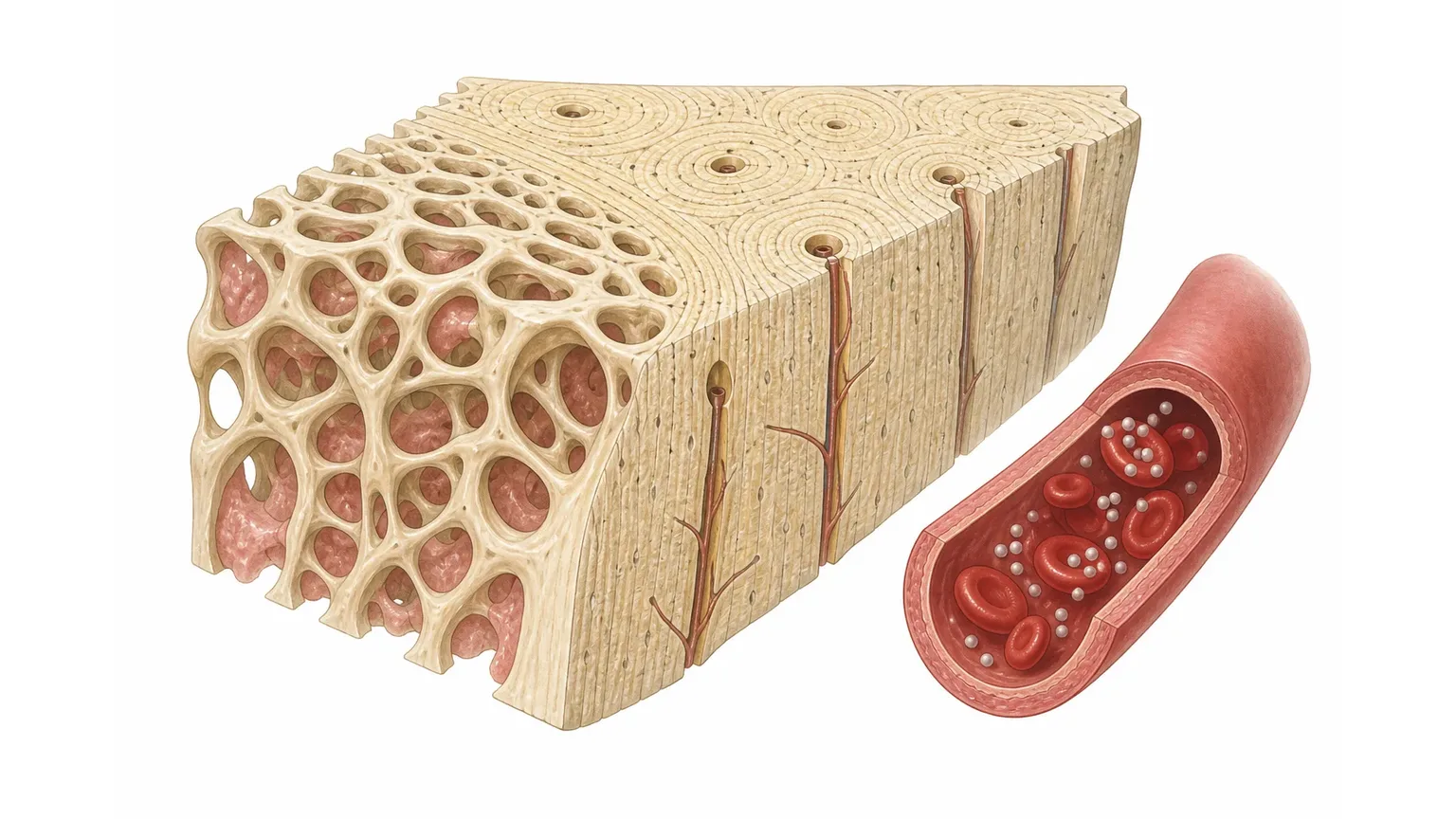 Illustration: Blutgefäß mit Calcium-Ionen, verbunden mit Knochen, Niere und Nebenschilddrüse als regulierendes System