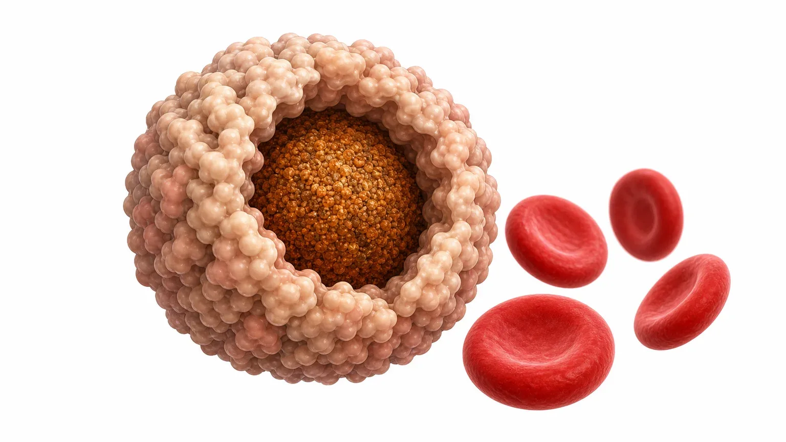 Illustration: Ferritin-Proteinkugeln speichern Eisen (orange) im Inneren, daneben ein Blutgefäß mit roten Blutkörperchen