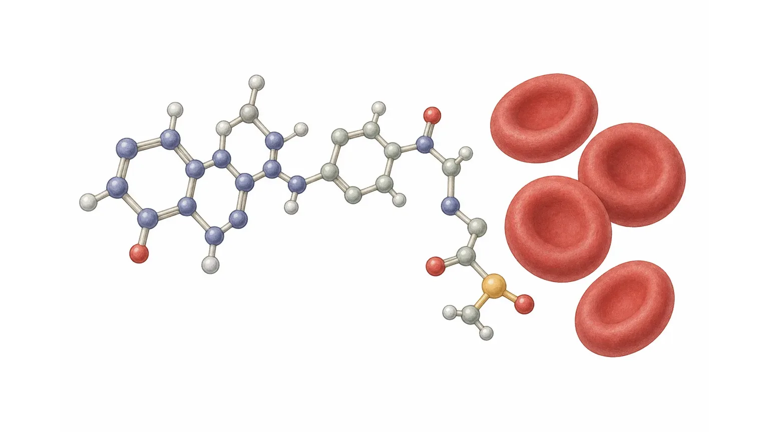 Illustration: Folsäure-Molekül neben grünem Blattgemüse und roten Blutkörperchen, die neu gebildet werden