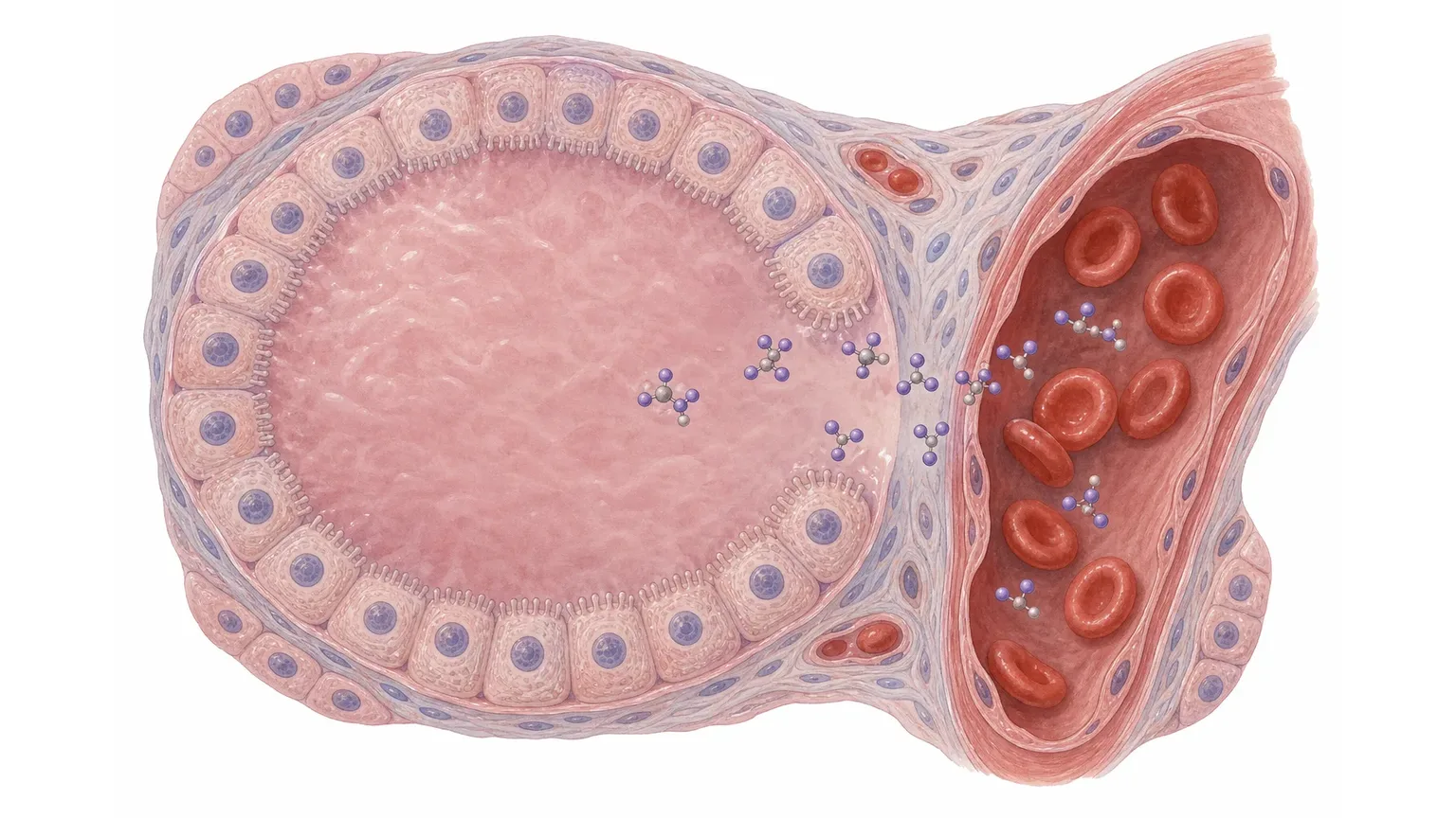 Illustration: Schilddrüse gibt freies T4 (aktive Hormonmoleküle) ins Blut ab, gesteuert vom TSH aus der Hirnanhangsdrüse