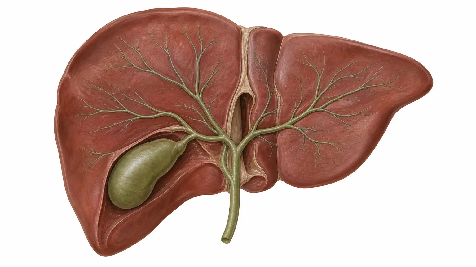 Illustration: Leber mit Gallenwegen, aus denen das Enzym Gamma-GT in ein Blutgefäß mit roten Blutkörperchen übergeht