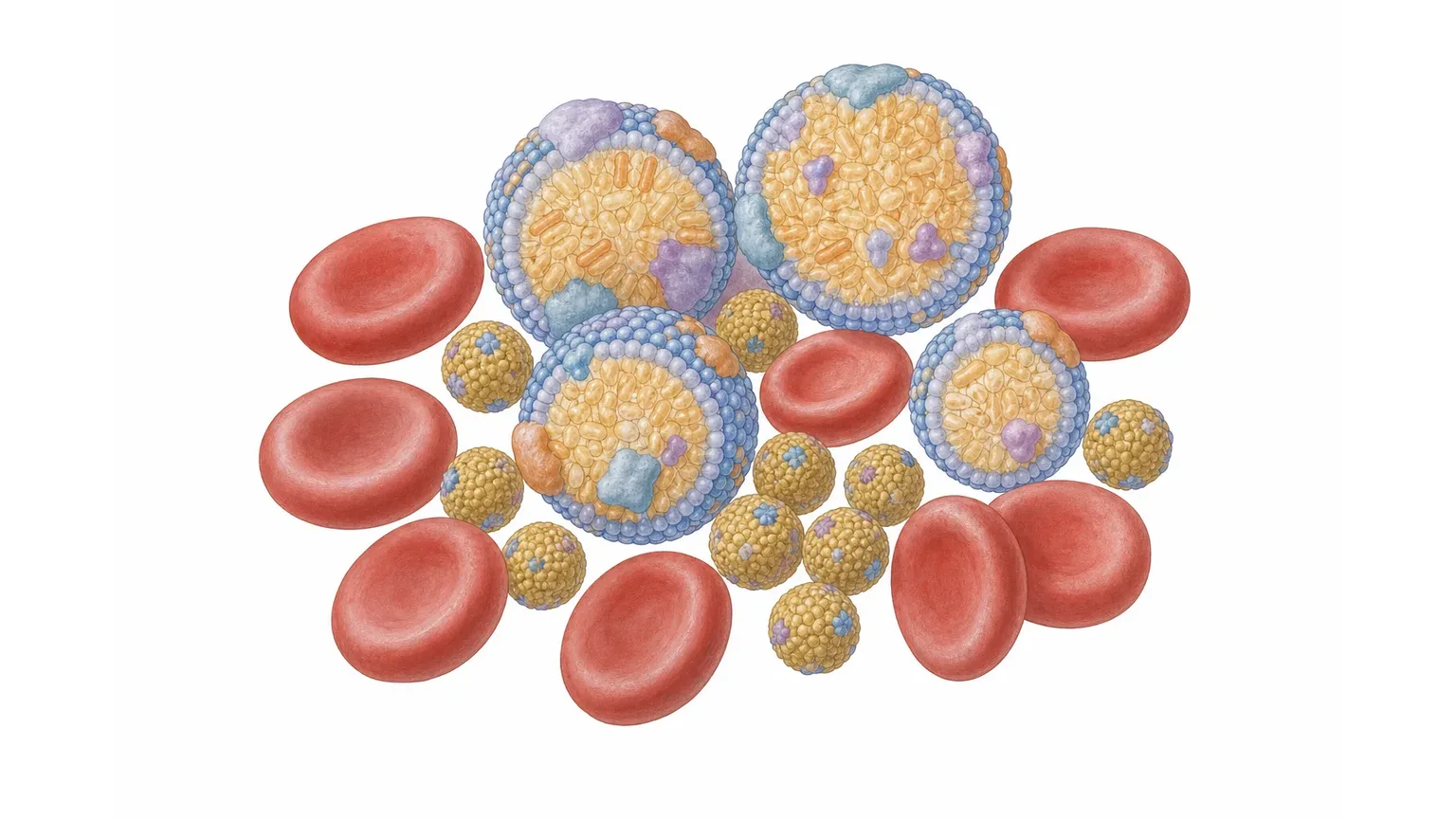 Illustration: Cholesterin-Transportpartikel LDL und HDL in einem Blutgefäß, das Gesamtcholesterin als Summe beider Anteile