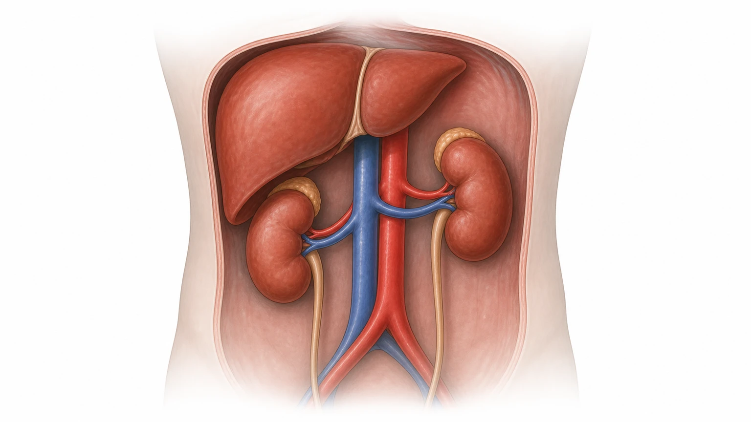 Anatomische Illustration: Leber im rechten Oberbauch, beide Nieren mit eigenen Nierenarterien und Nierenvenen sowie die zentralen großen Blutgefäße