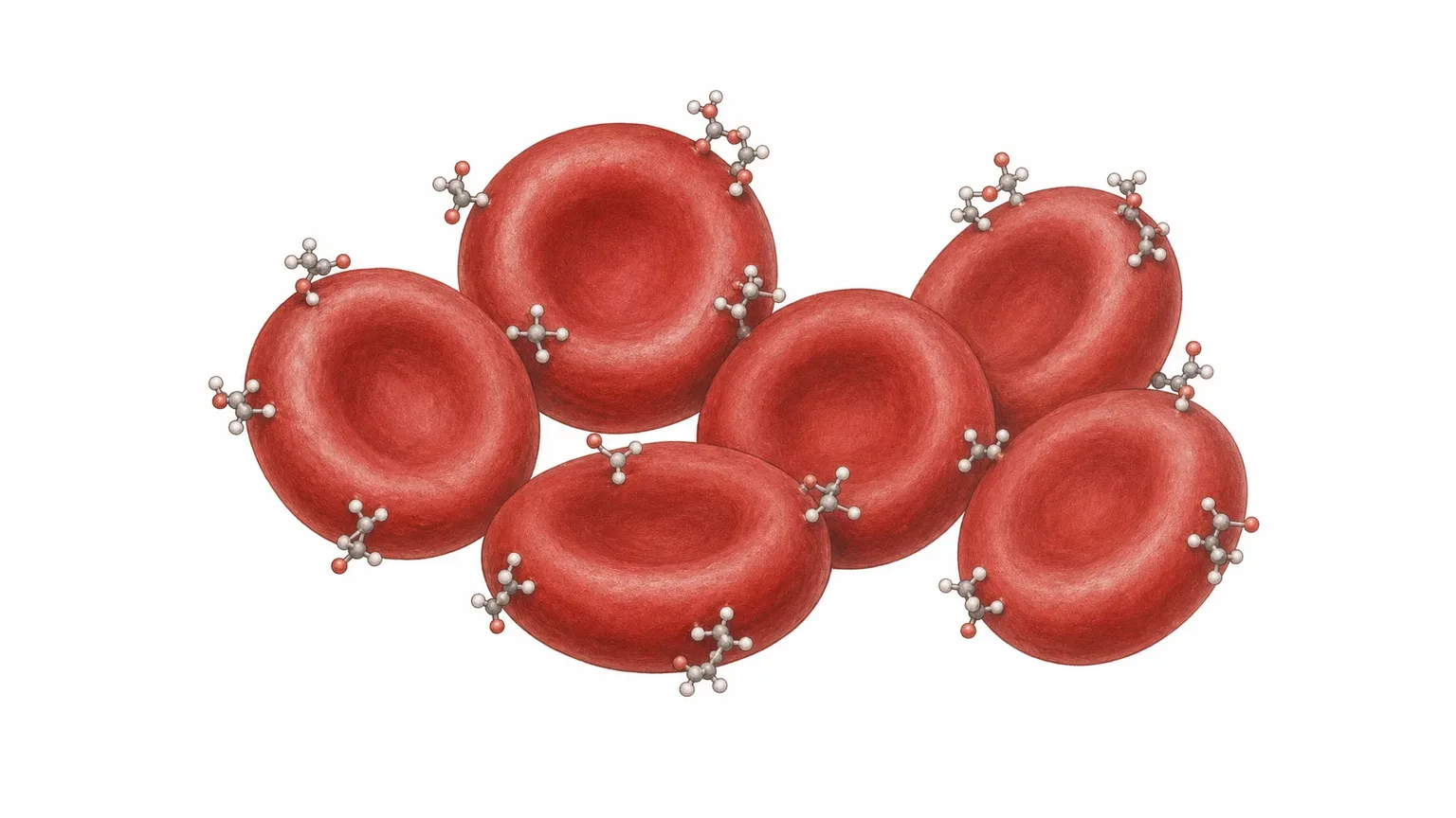Illustration: rote Blutkörperchen mit angelagerten Zuckermolekülen als Sinnbild für den HbA1c-Langzeitzucker