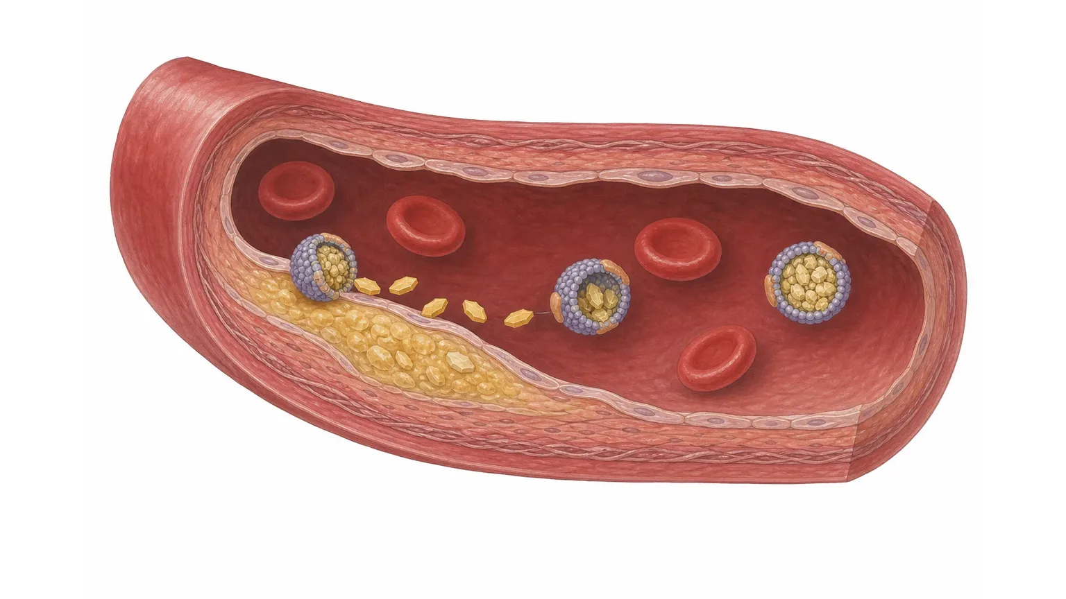 Illustration: HDL-Partikel transportieren überschüssiges Cholesterin aus einer Gefäßwand zurück zur Leber, daneben ein Blutgefäß