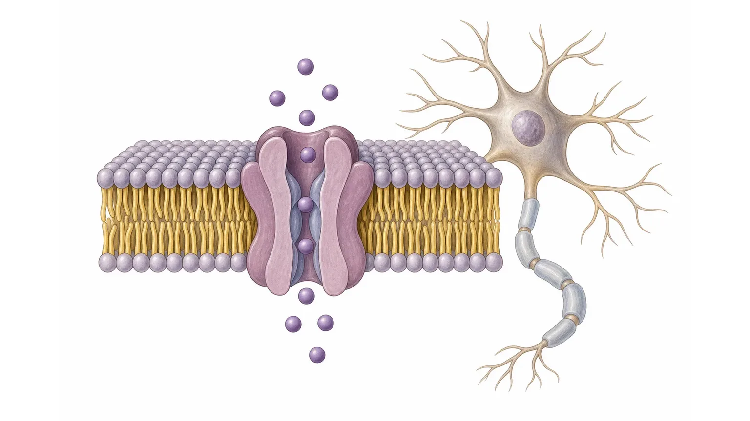 Illustration: Kalium-Ionen strömen durch die Membran einer Herzmuskelzelle, daneben eine EKG-Kurve