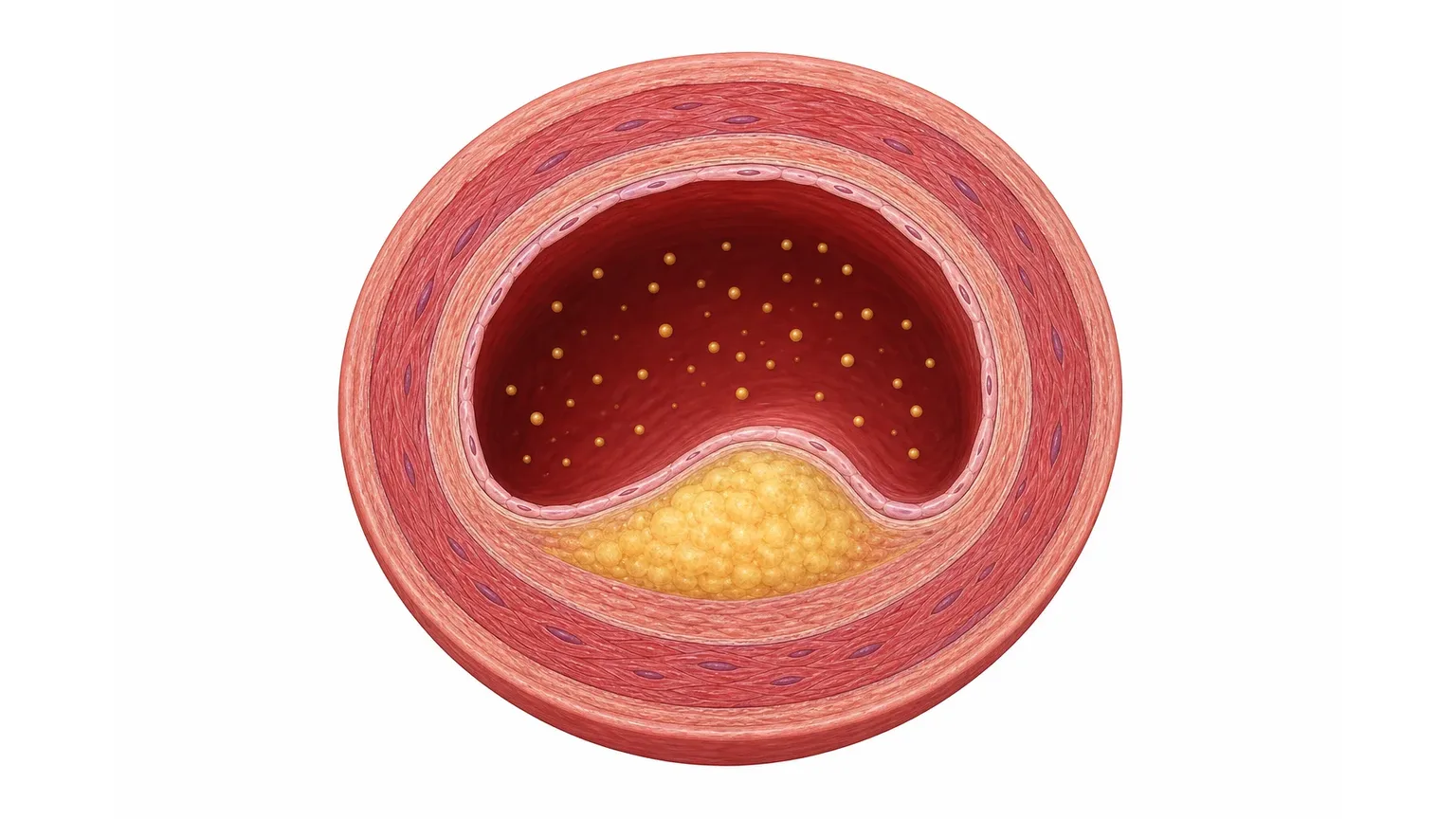 Illustration: LDL-Partikel transportieren Cholesterin durch ein Blutgefäß und lagern sich an der Gefäßwand ab