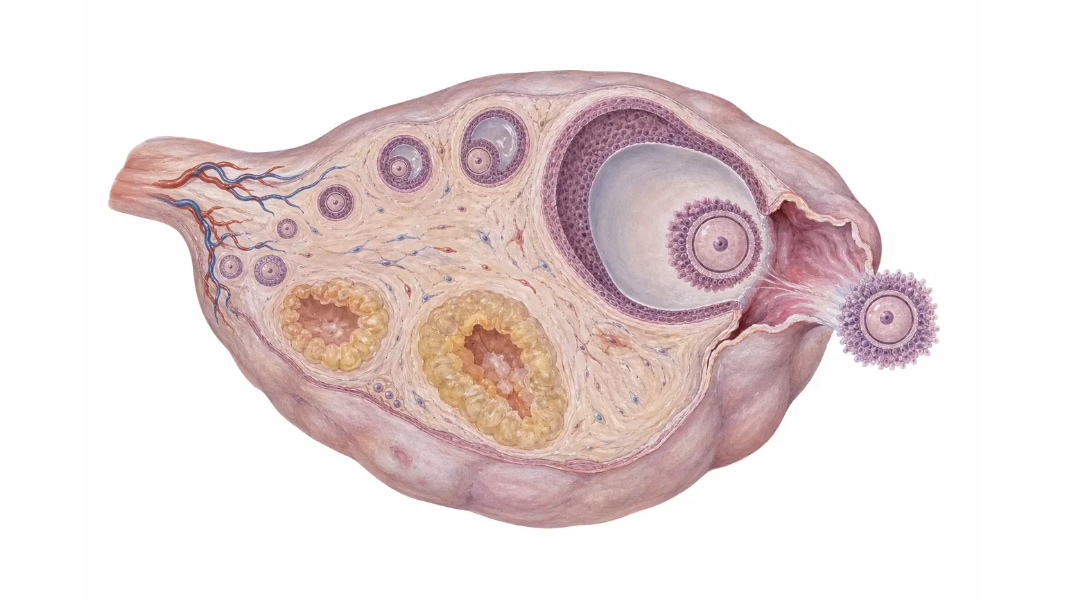 Illustration: Hirnanhangsdrüse schüttet einen steilen LH-Anstieg aus, der im Eierstock den Eisprung auslöst