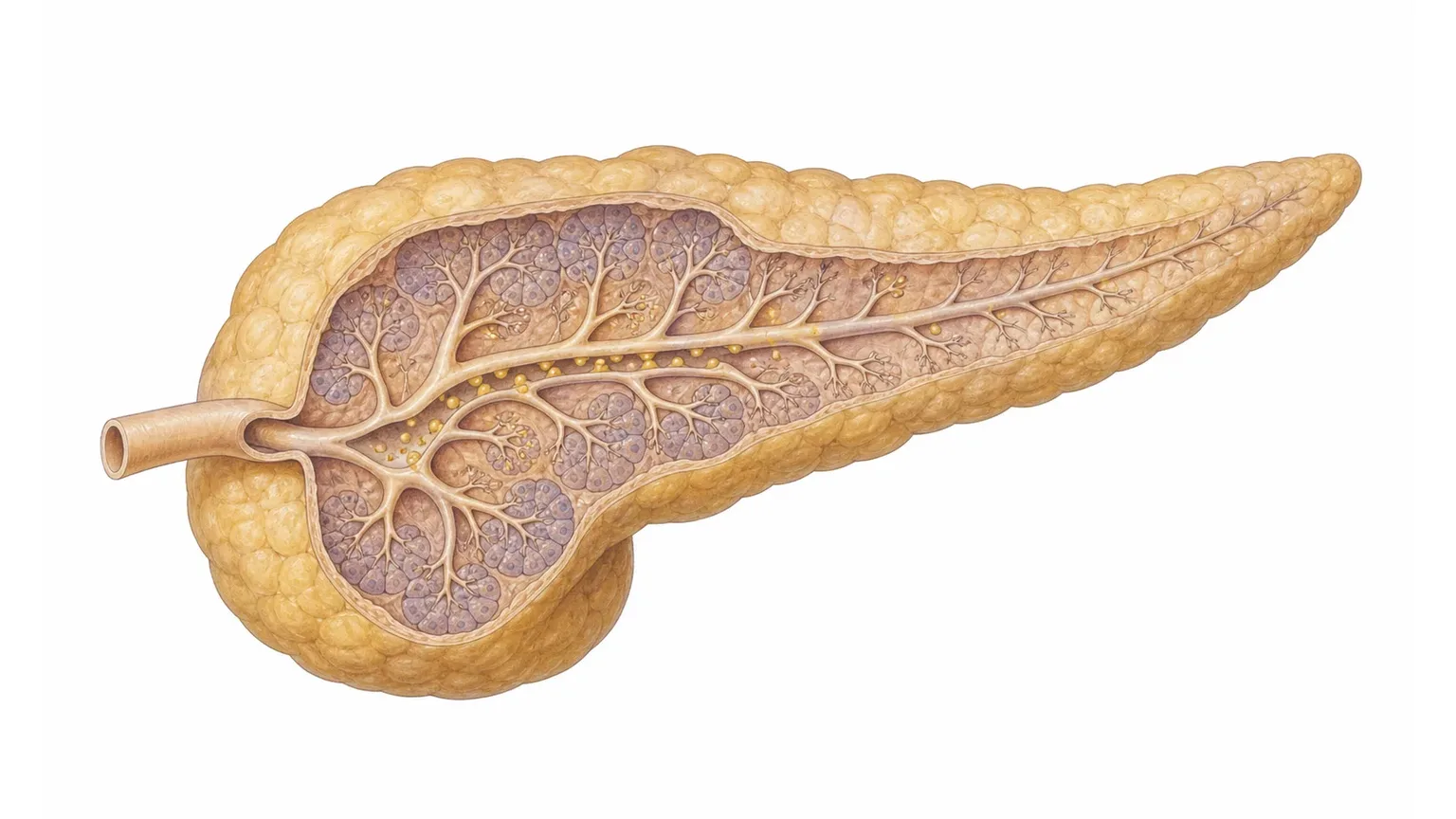 Illustration: die Bauchspeicheldrüse gibt das Verdauungsenzym Lipase ab, daneben ein Blutgefäß mit roten Blutkörperchen