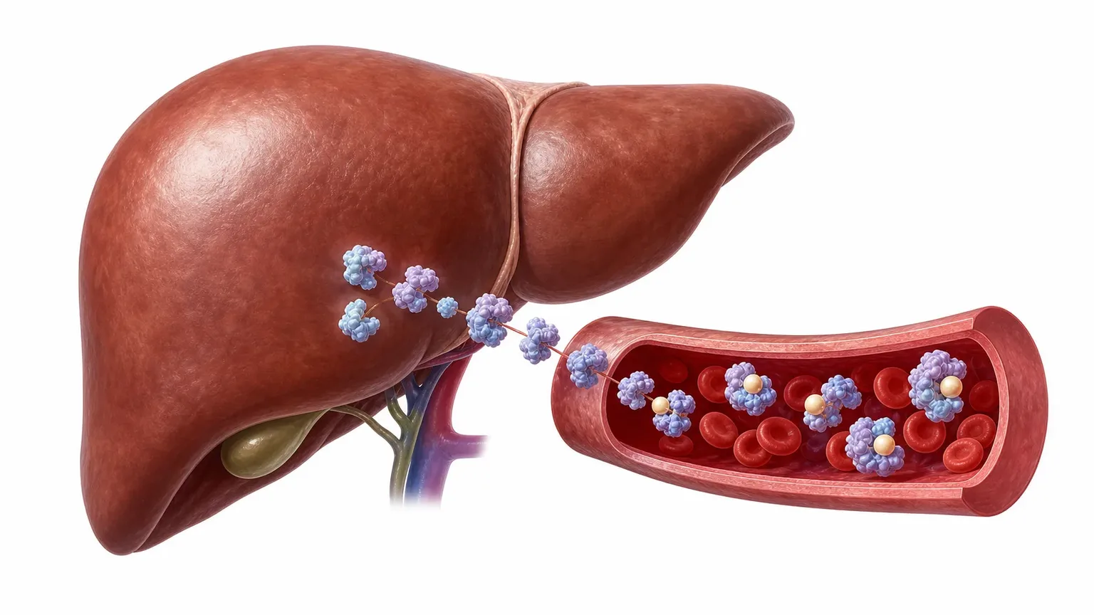 Illustration: SHBG-Transportproteine binden Testosteron-Moleküle im Blutstrom, ein kleiner Teil bleibt frei und wirksam