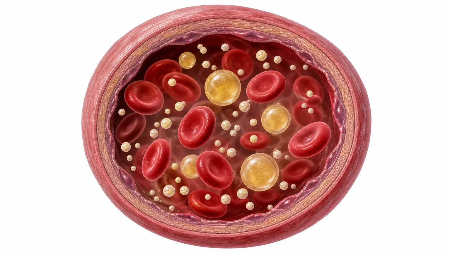 Illustration: Triglycerid-Moleküle als Fetttröpfchen in einem Blutgefäß mit roten Blutkörperchen