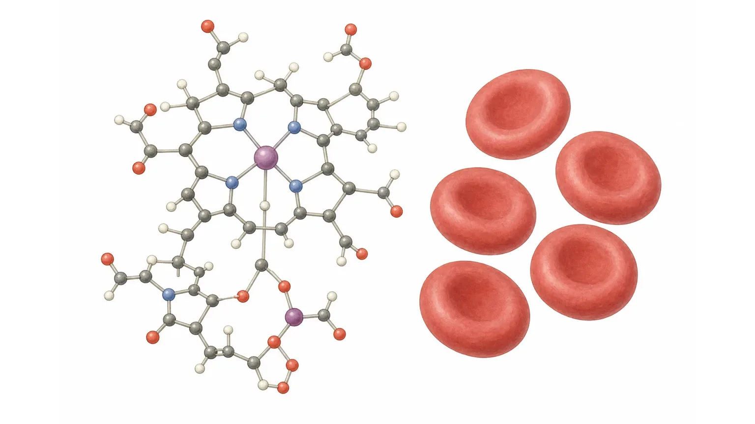 Illustration: Vitamin-B12-Molekül mit rotem Kobalt-Zentrum, daneben rote Blutkörperchen und ein Laborröhrchen