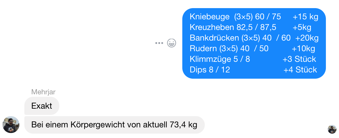 Nachricht eines Teilnehmers mit Steigerungen bei Kniebeuge, Kreuzheben, Bankdrücken und Rudern