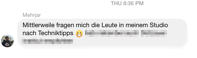 Nachricht eines Teilnehmers, dass andere ihn im Studio nach Techniktipps fragen