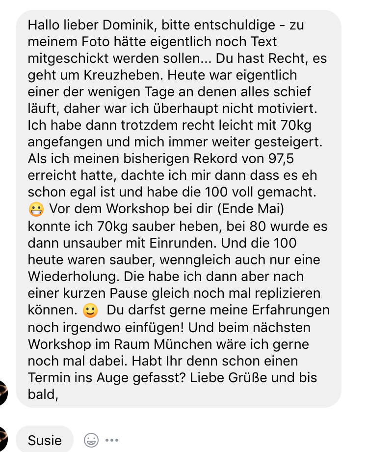 Nachricht einer Teilnehmerin über saubere 100 kg im Kreuzheben nach dem Workshop